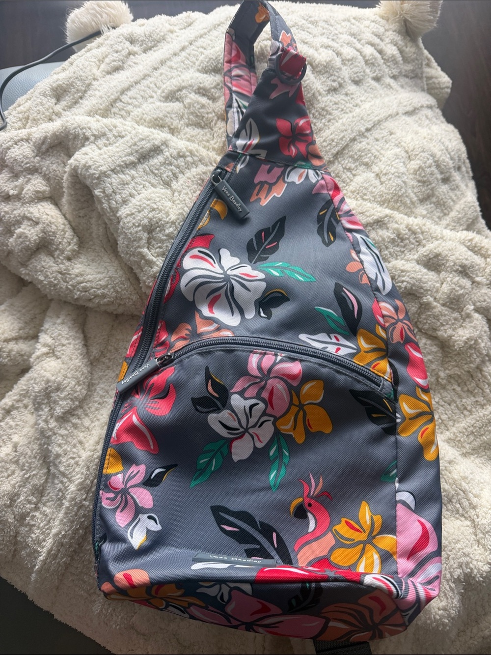 Vera Bradley Gray Floral Sling Crossbody with Pink, Yellow & Green Accents